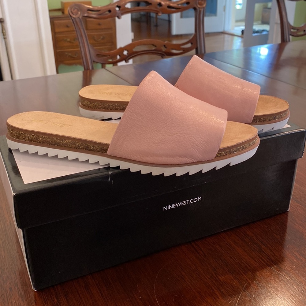 Pink Sandals Slides Nine West Leather Tan Brown Cork White Sole Flatform Size 6